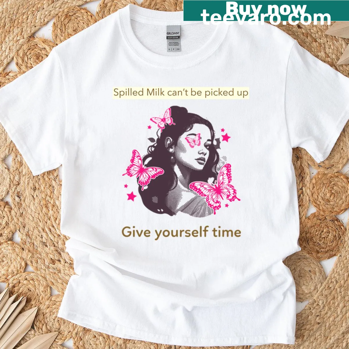 Typography shirt with the phrase about spilled milk and patience — on a men's t-shirt