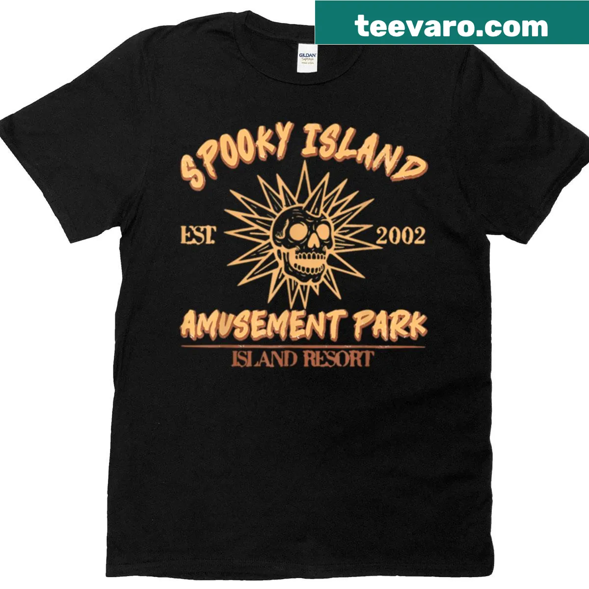 Halloween-themed T-shirt with a spooky skull and amusement park theme — on a men's t-shirt