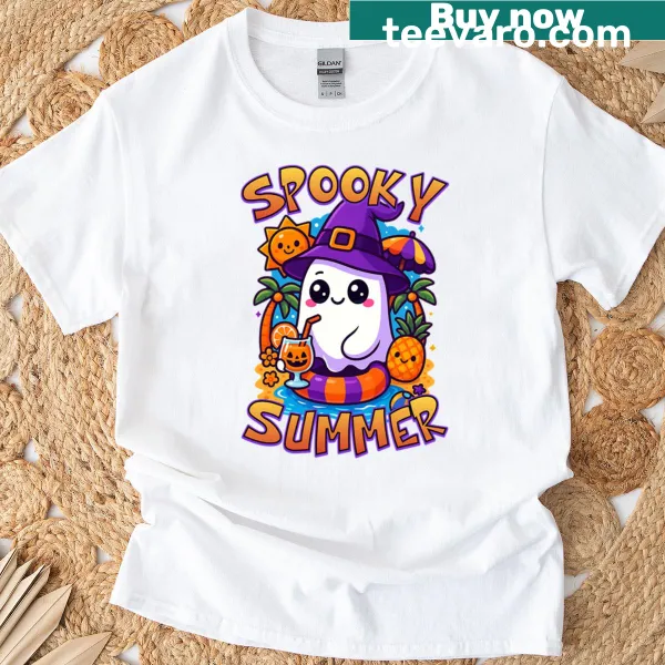 Cute cartoon witch graphic for a spooky summer vibe