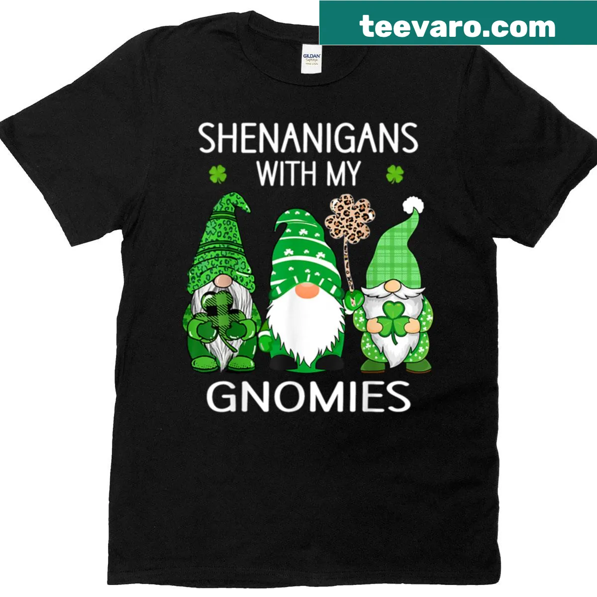 T-shirt featuring playful gnome illustrations and shamrocks for St. Patrick's Day. — on a men's t-shirt