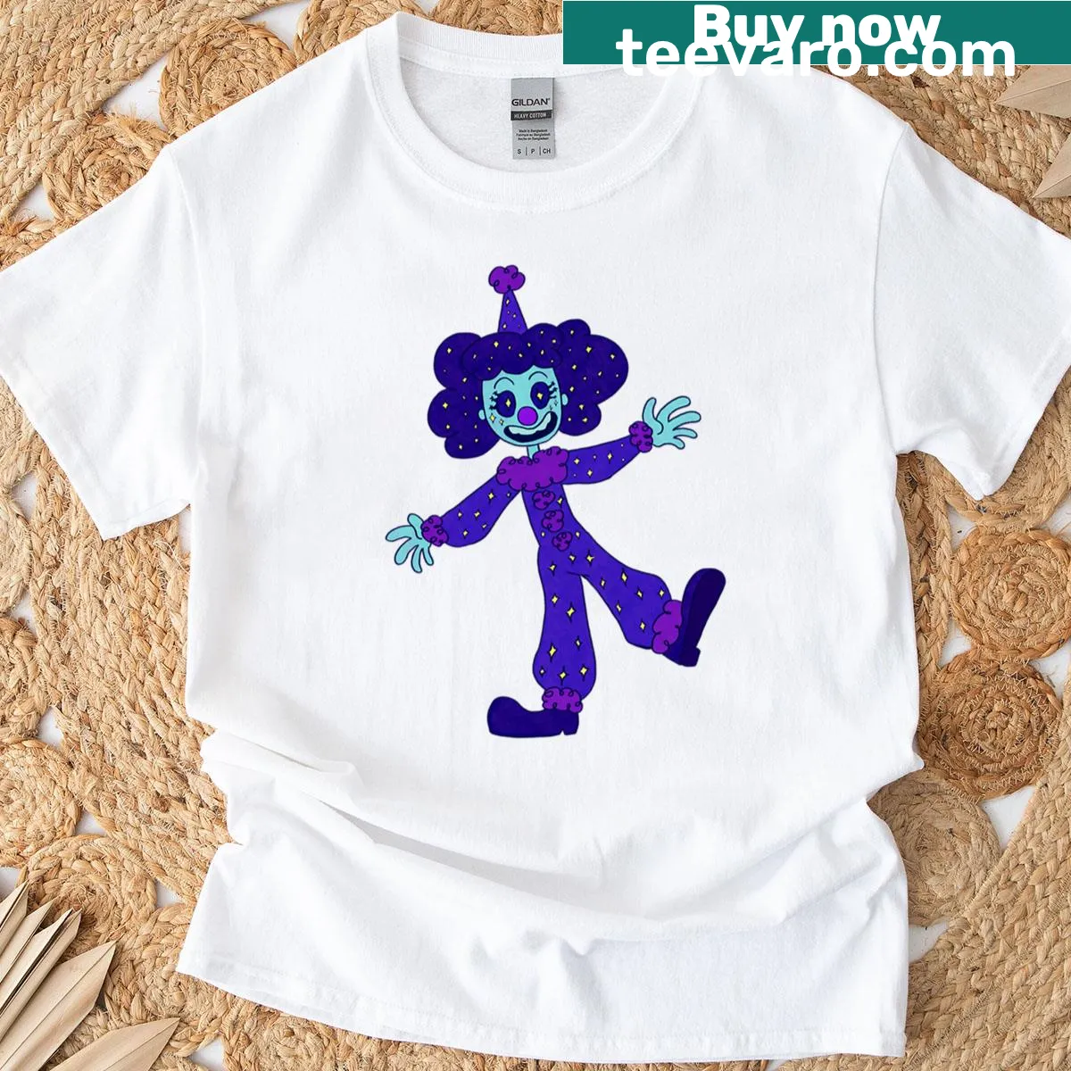 Whimsical clown design with starry background on t-shirt — on a men's t-shirt