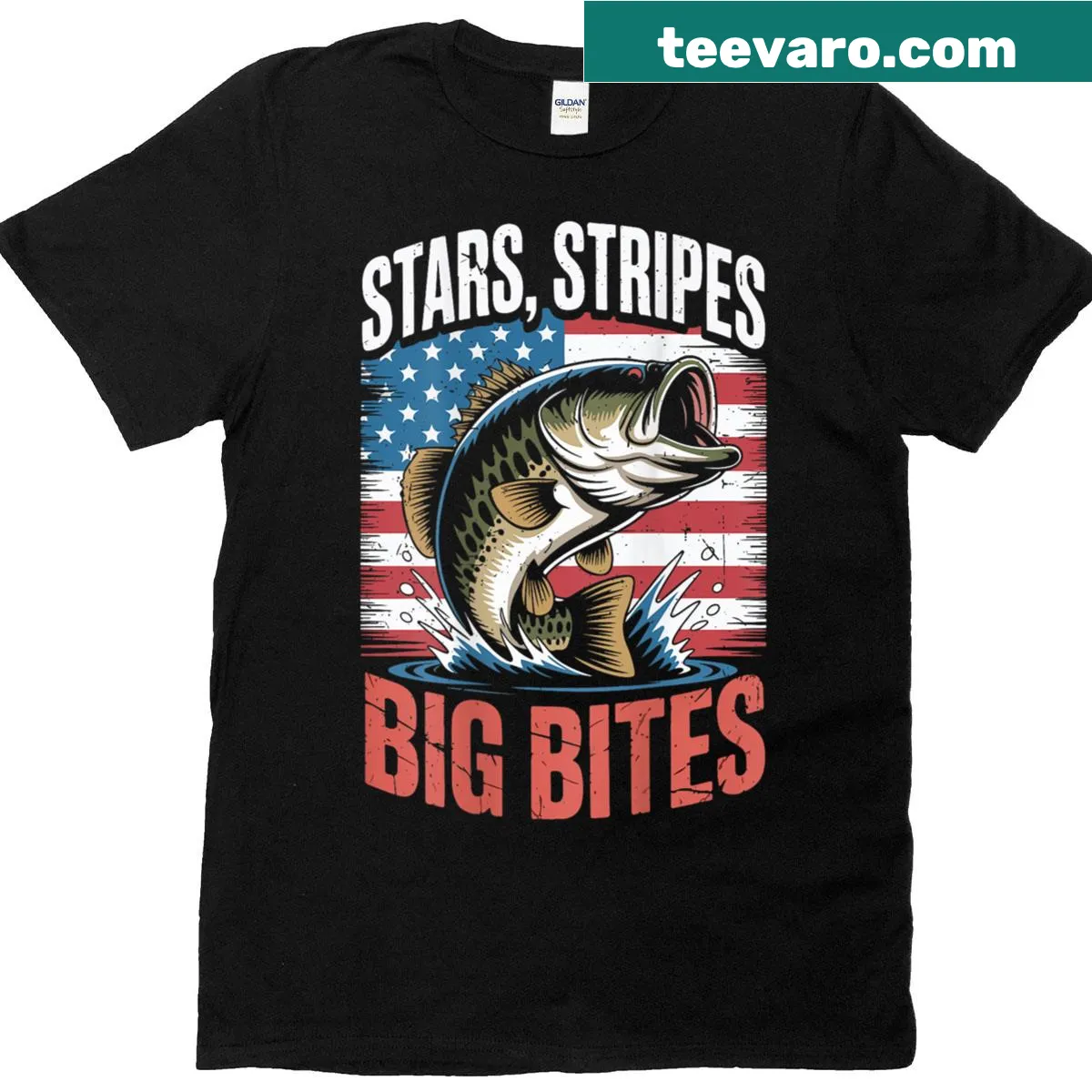 Patriotic 4th of July shirt for boys featuring fishing and stars and stripes — on a men's t-shirt