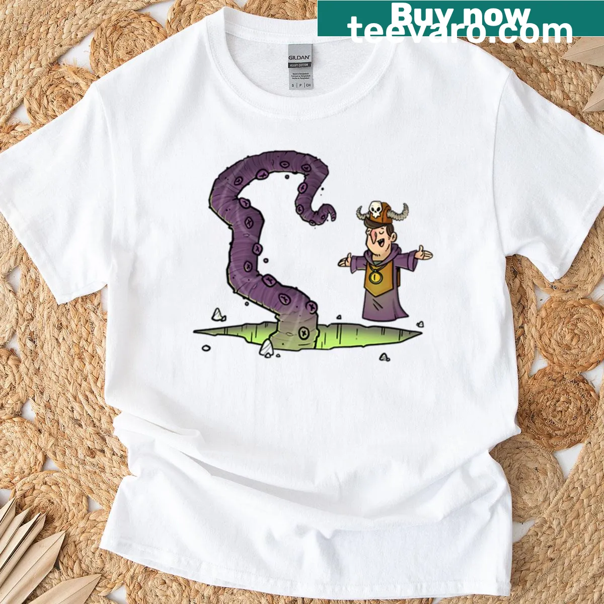 Summoning T-shirt with bold mystical text design — on a men's t-shirt