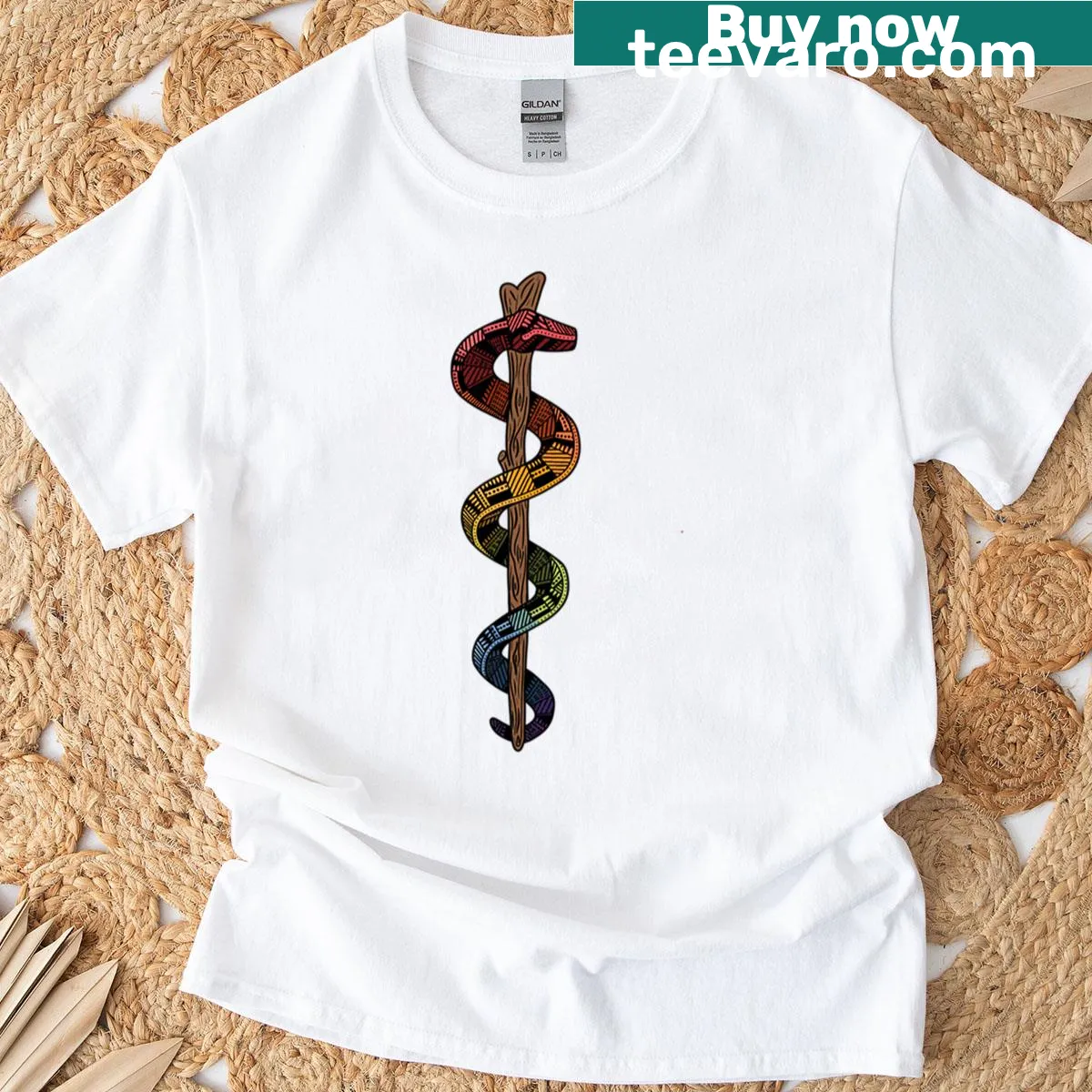 Staff of Asclepius graphic symbolizing health and wellness. — on a men's t-shirt