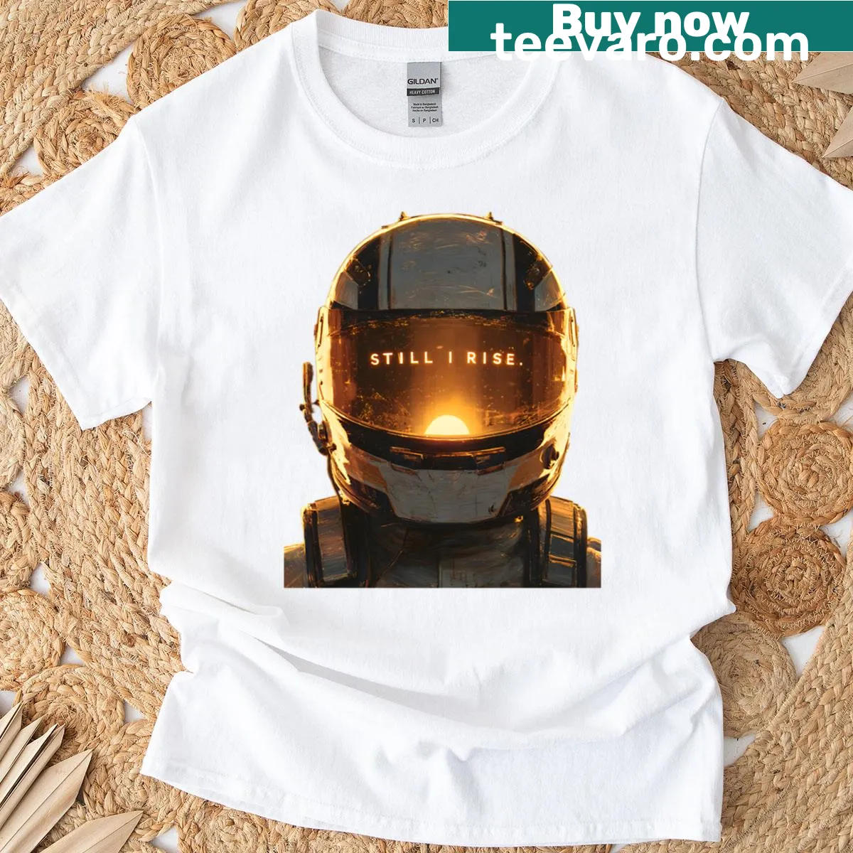 Motivational T-shirt with helmet graphic and 'Still I Rise' text — on a men's t-shirt