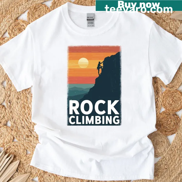 Vintage graphic of rock climbing at sunset, celebrating adventure.