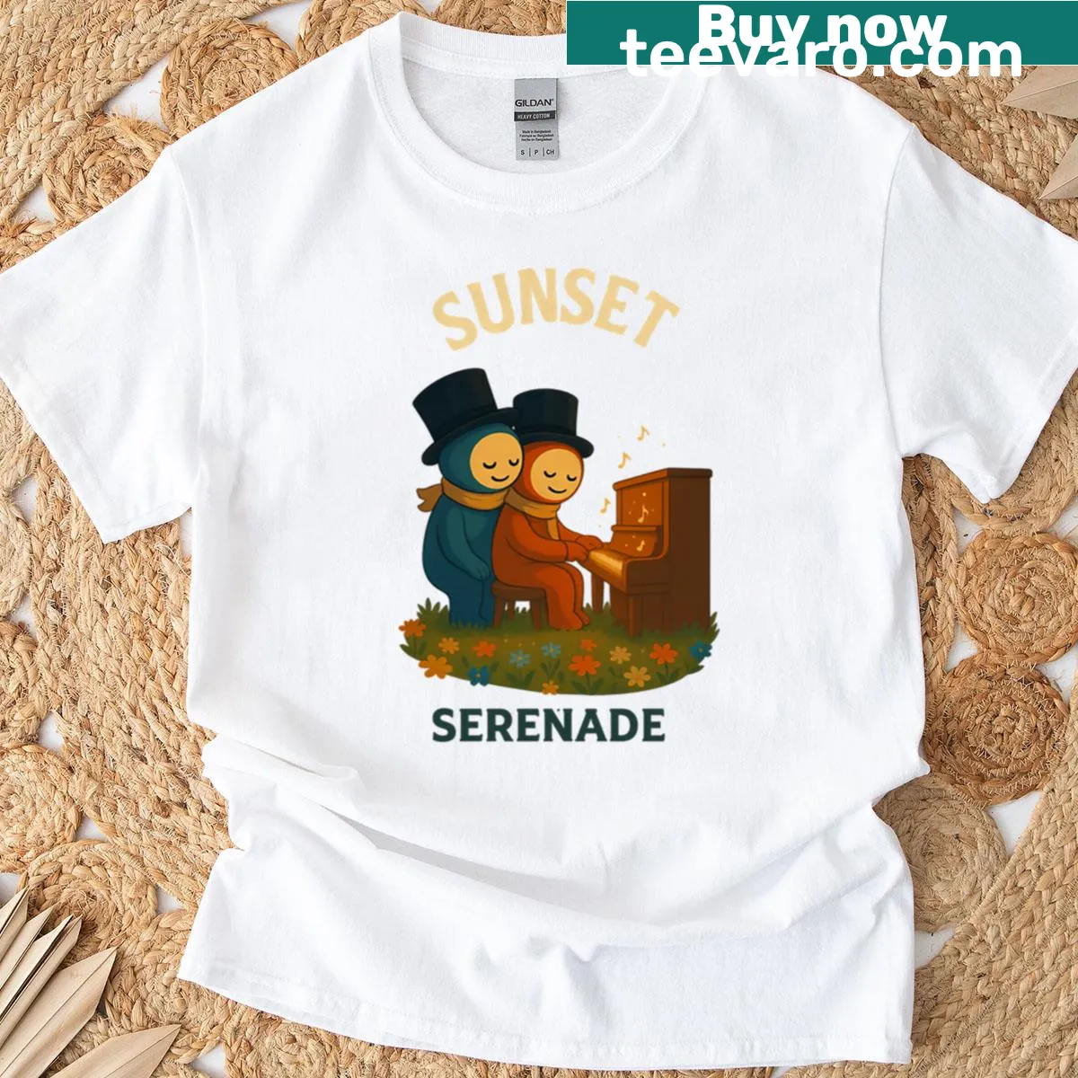 Illustration of a piano against a sunset background — on a men's t-shirt
