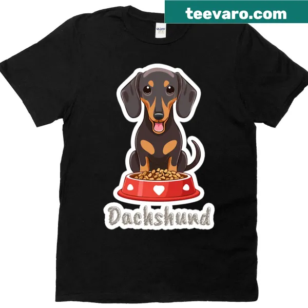 Cute cartoon dachshund with a food bowl on an oversized T-shirt