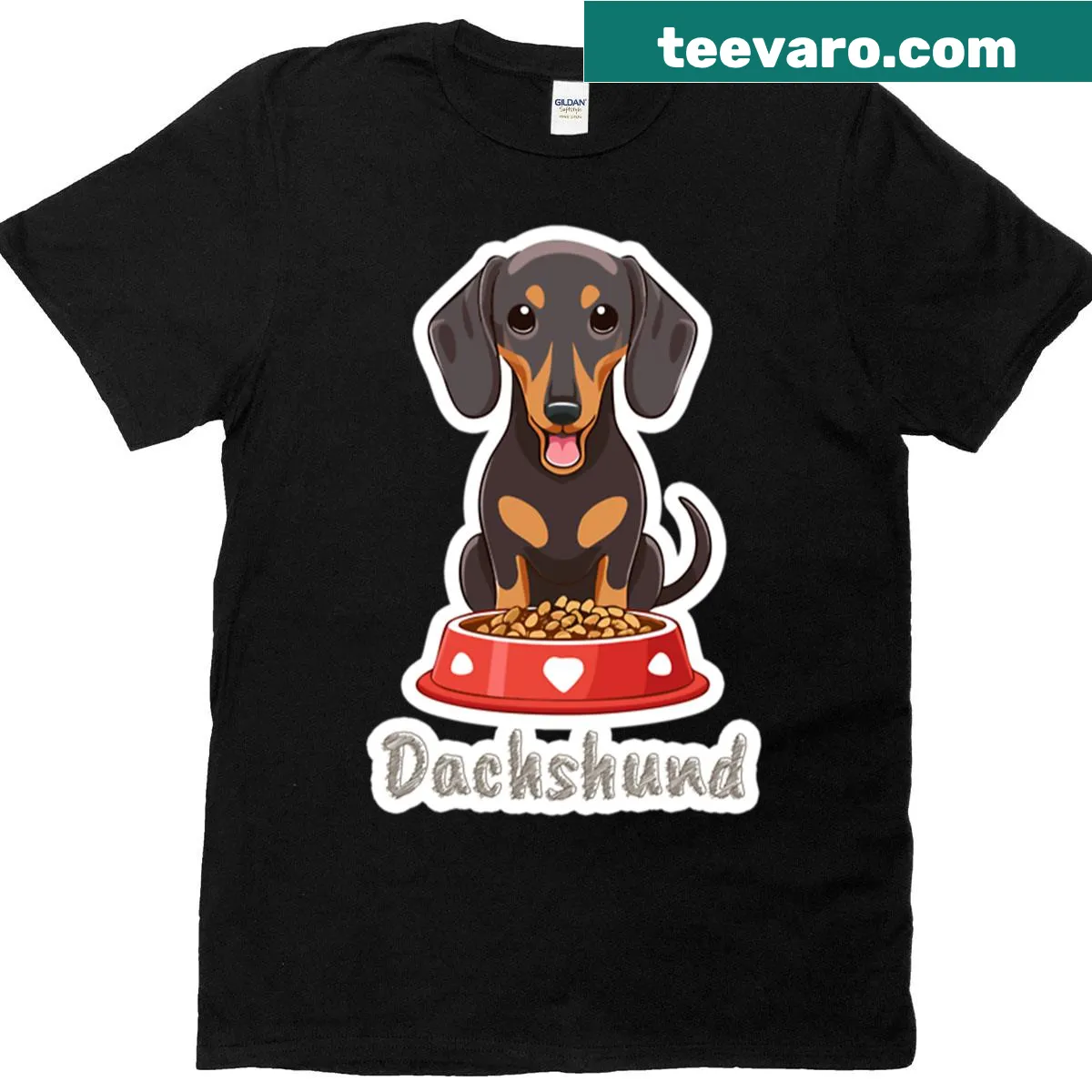 Cute cartoon dachshund with a food bowl on an oversized T-shirt — on a men's t-shirt