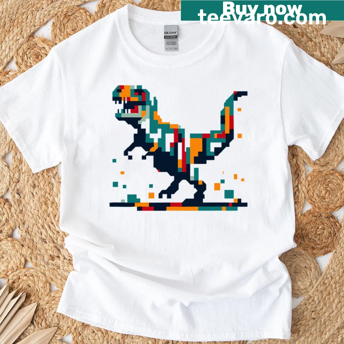Pixelated T-rex graphic on a fun casual t-shirt — on a men's t-shirt