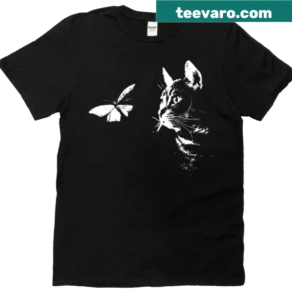 Tabby cat and butterfly illustration on a t-shirt