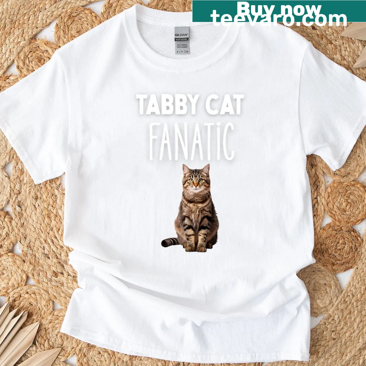 Adorable cartoon design of a tabby cat on a T-shirt. — on a men's t-shirt
