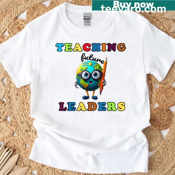 Groovy teacher design featuring earth pencil illustration on a T-shirt.