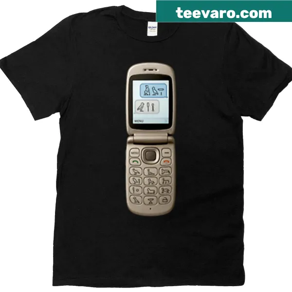 Retro flip phone graphic t-shirt with hieroglyphs
