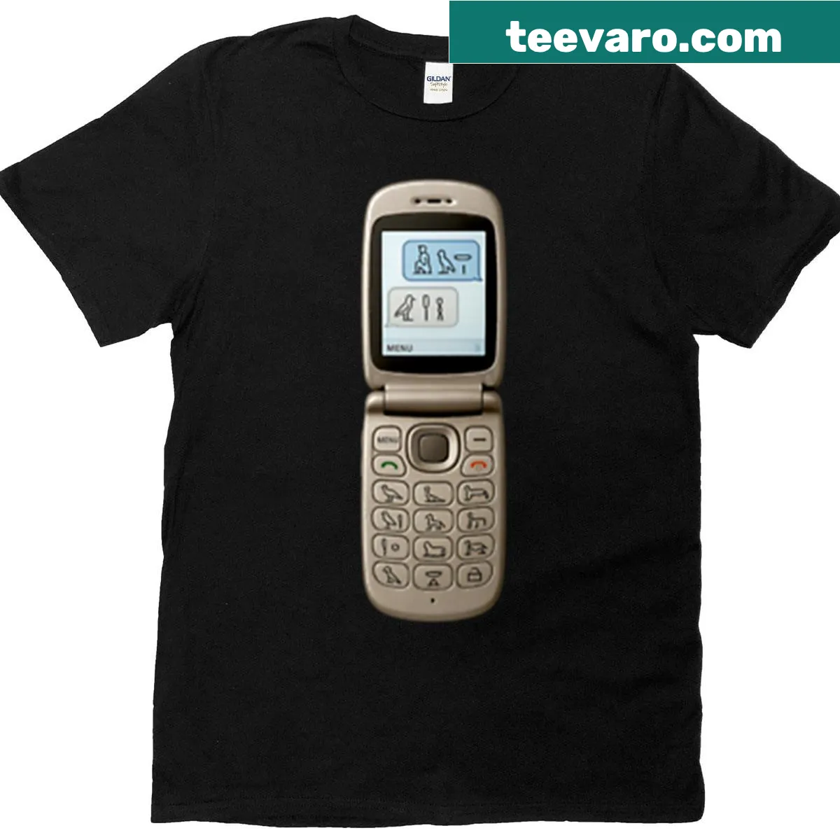 Retro flip phone graphic t-shirt with hieroglyphs — on a men's t-shirt