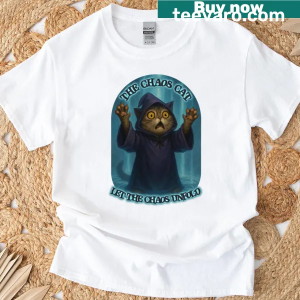 Oversized tee with a humorous illustration of a chaotic cat
