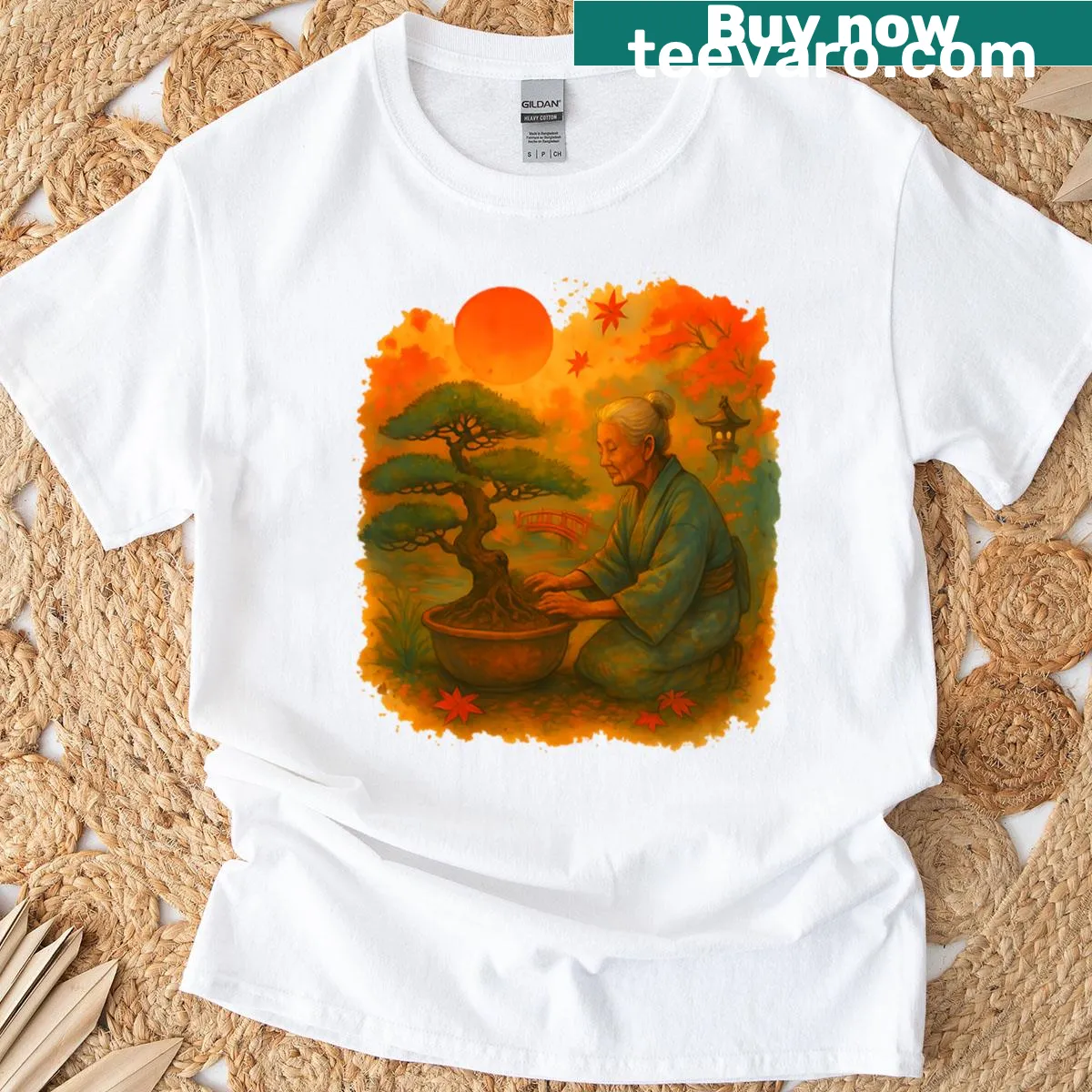 Illustrated autumn-themed t-shirt with leaves — on a men's t-shirt