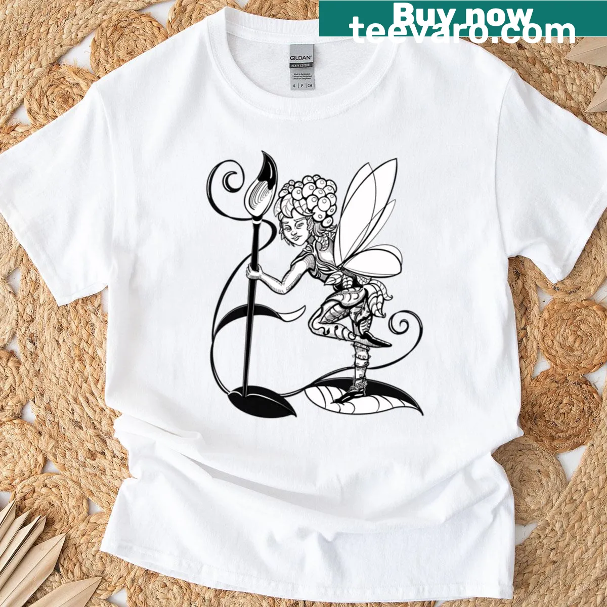 Whimsical fairy illustration with brush on The Nature Painter T-shirt — on a men's t-shirt