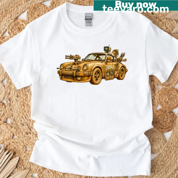 Cyberpunk sports car graphic on The Reds Are Coming T-shirt