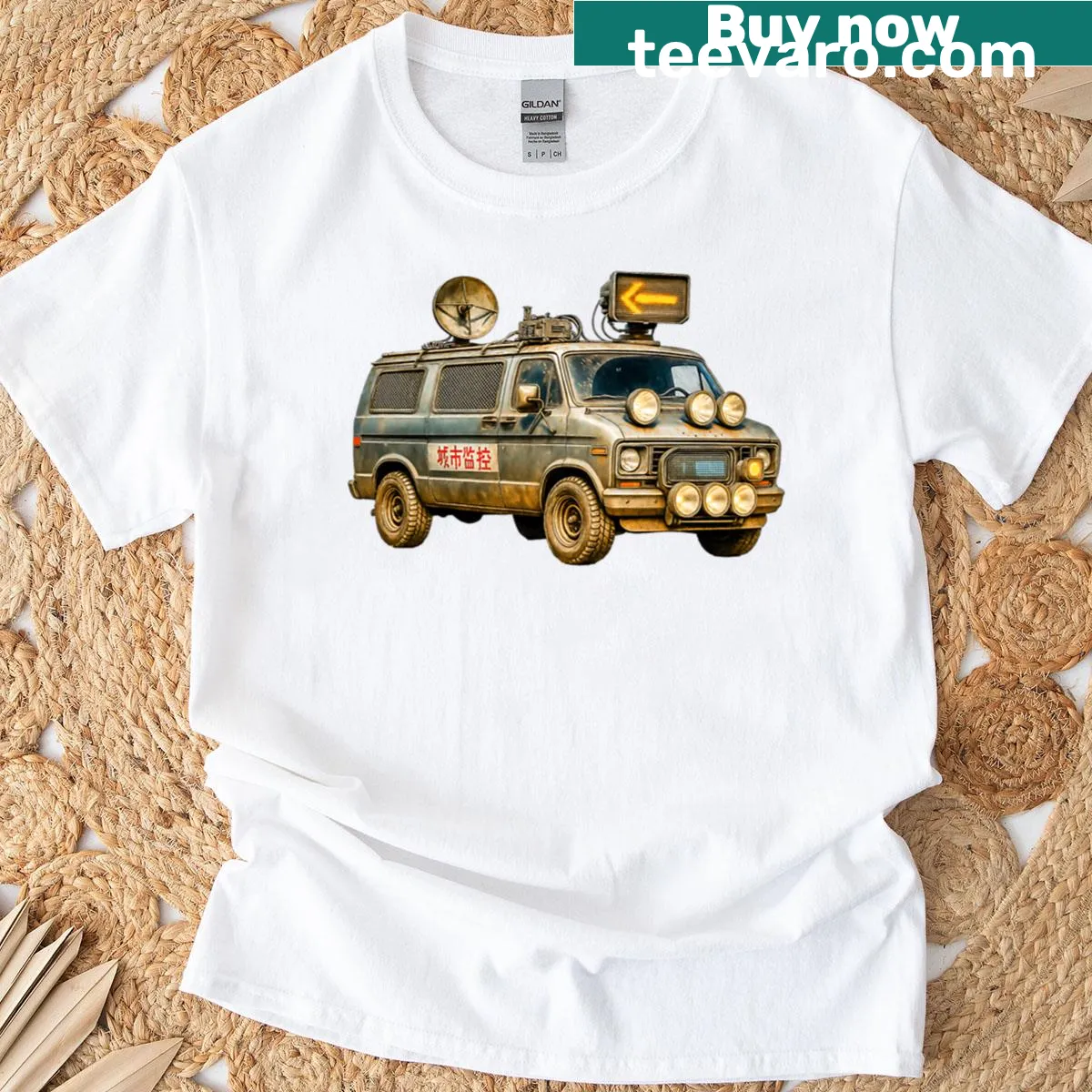 Cyberpunk art T-shirt featuring an urban surveillance van illustration — on a men's t-shirt