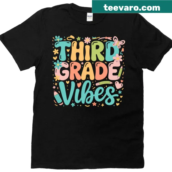 Cute teacher T-shirt with playful design representing third grade vibes