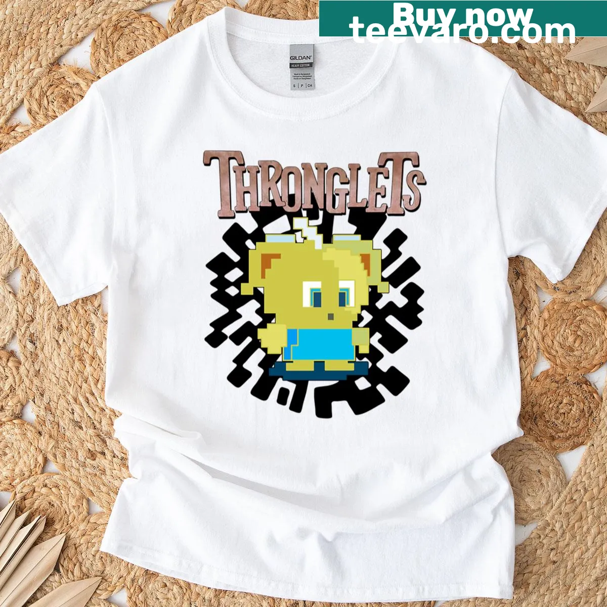 Playful Thronglets graphic on a T-shirt, featuring whimsical typography design — on a men's t-shirt