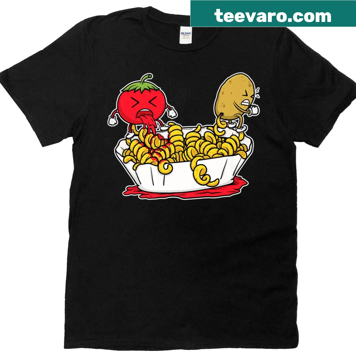 Cartoon graphic of a tomato and potato in a food fight — on a men's t-shirt
