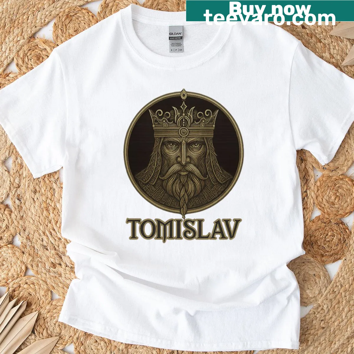 T-shirt depicting Tomislav, the first Croatian king, in a historical illustration — on a men's t-shirt