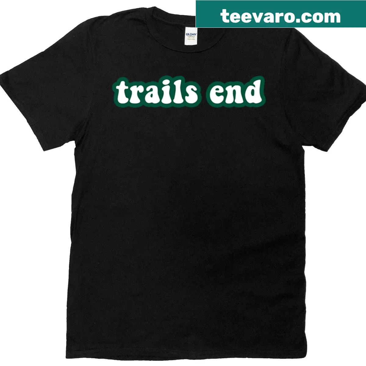 Adventure-themed graphic on Trails End T-shirt — on a men's t-shirt