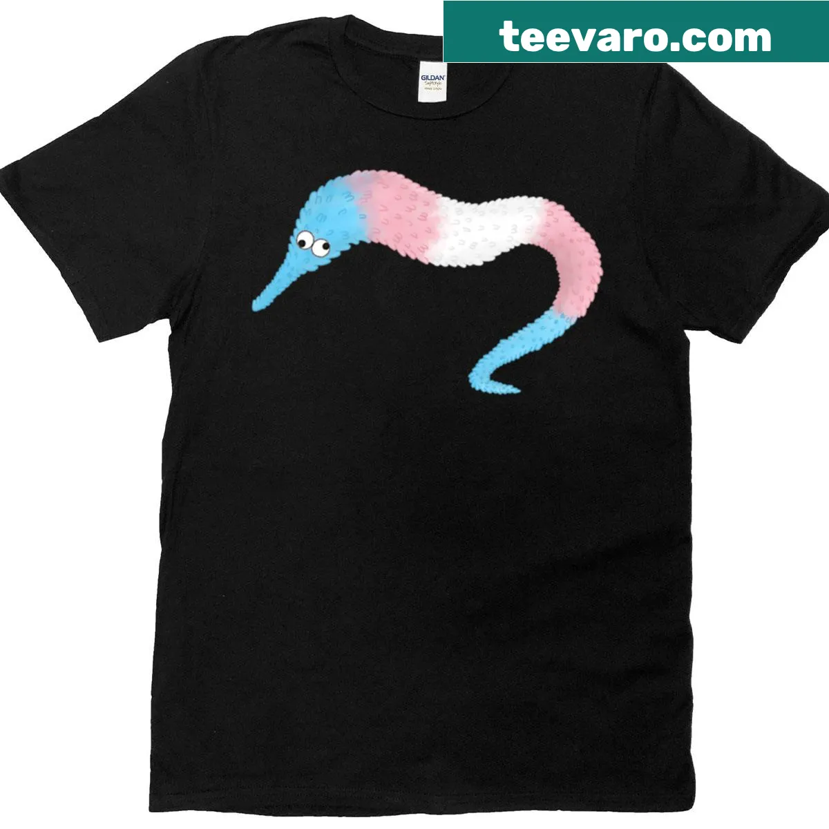 T-shirt with a whimsical design of a trans worm on a string — on a men's t-shirt