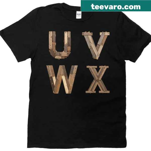 Minimalist T-shirt featuring a playful arrangement of the letters 'U V W X'.