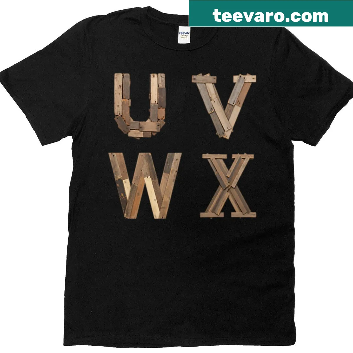 Minimalist T-shirt featuring a playful arrangement of the letters 'U V W X'. — on a men's t-shirt