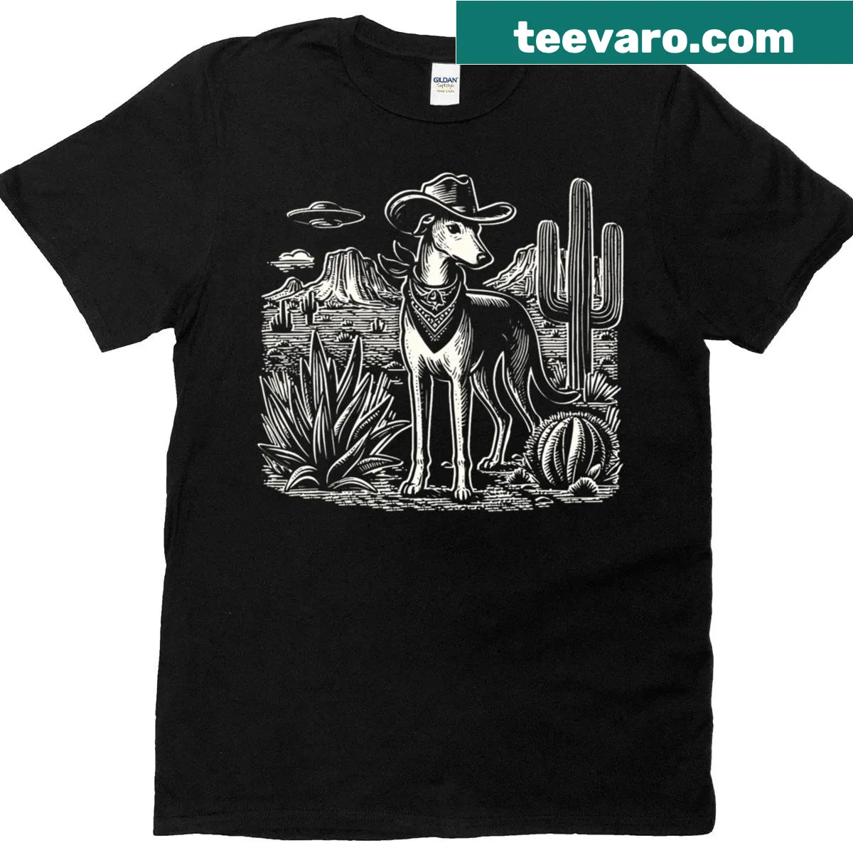 Vintage distressed t-shirt with a greyhound and UFO graphic — on a men's t-shirt