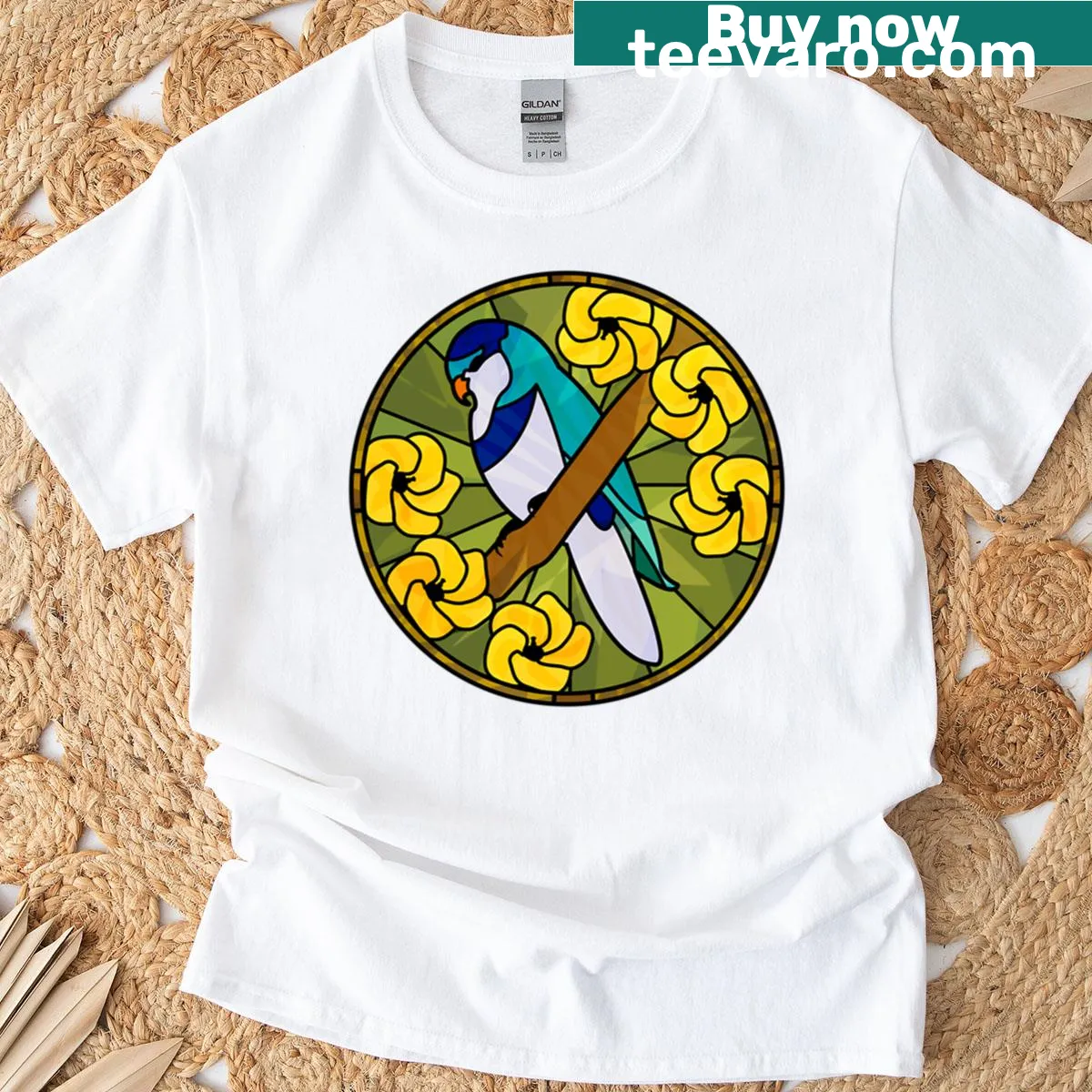Oversized t-shirt featuring a stained glass illustration of a lorikeet — on a men's t-shirt