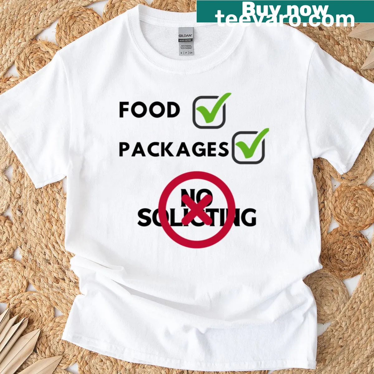 Bold no soliciting graphic T-shirt with humorous message — on a men's t-shirt
