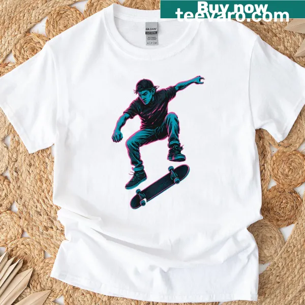 Dynamic skateboarding graphic on an Urban Skate Vibes T-shirt