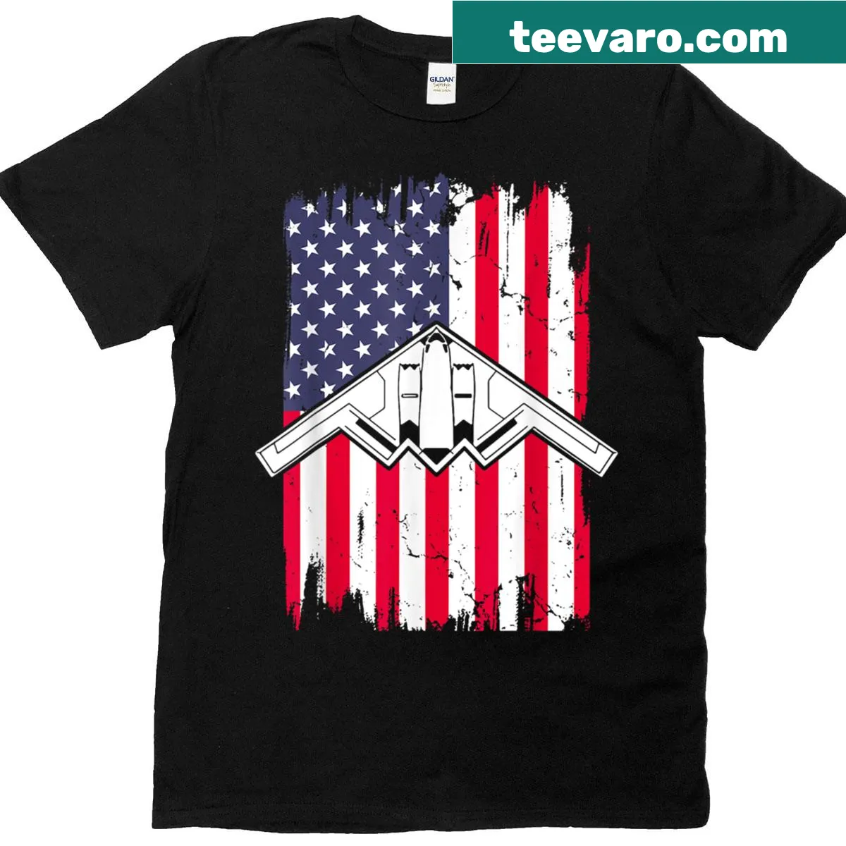 Patriotic T-shirt featuring an aircraft flying over the USA flag. — on a men's t-shirt