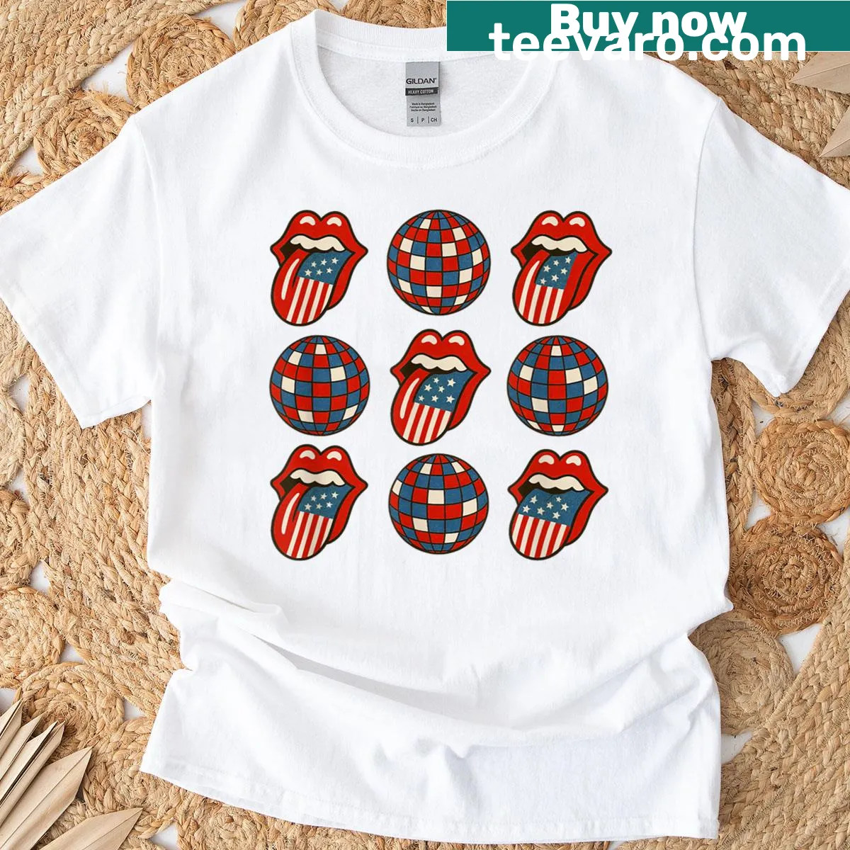 Disco ball and tongue design on a July 4th T-shirt — on a men's t-shirt