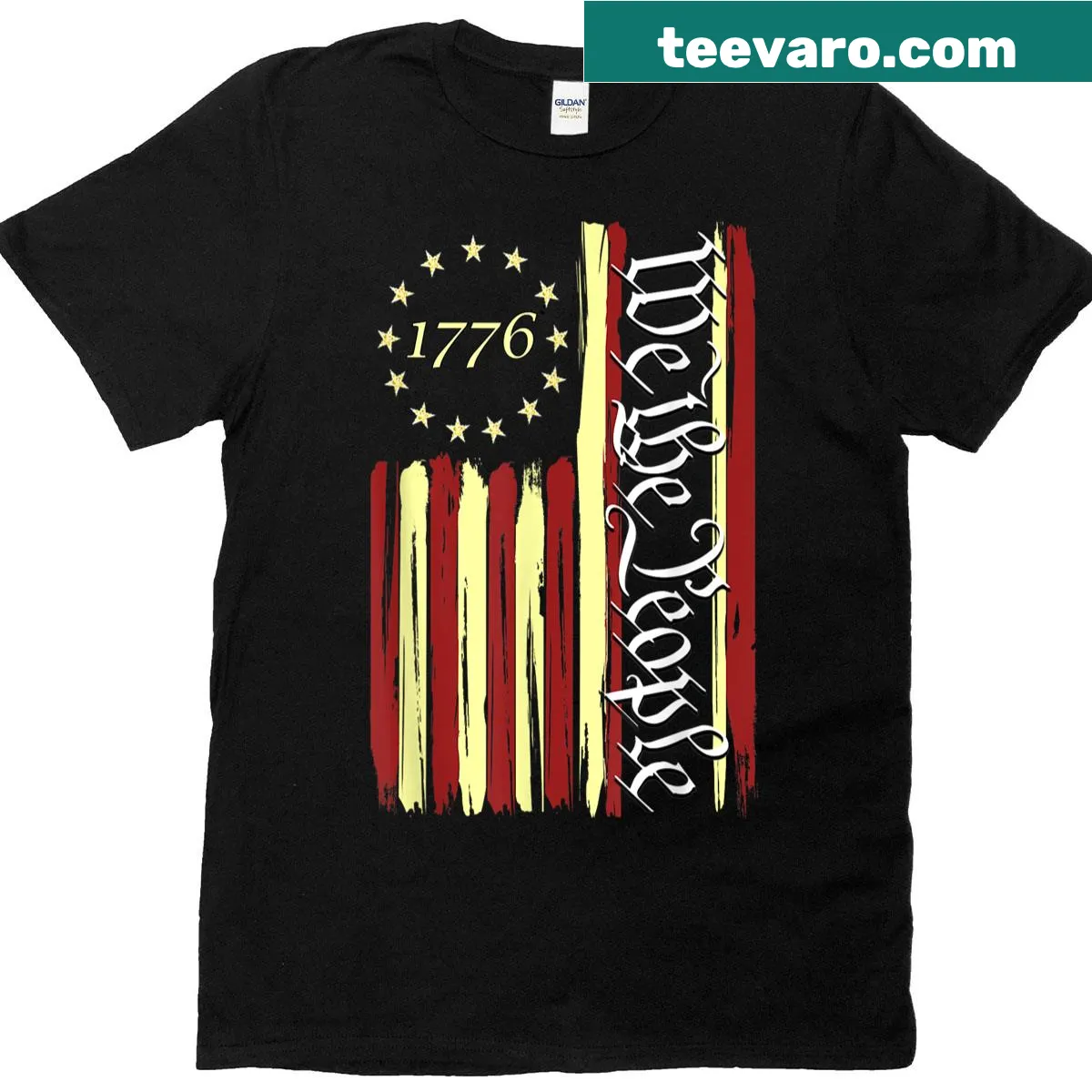 Vintage-style T-shirt featuring the America flag and 1776 text — on a men's t-shirt