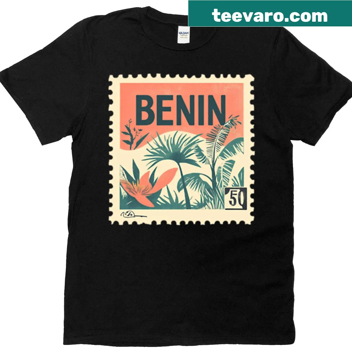 Vintage-style T-shirt featuring a tropical botanical design inspired by Benin stamps. — on a men's t-shirt