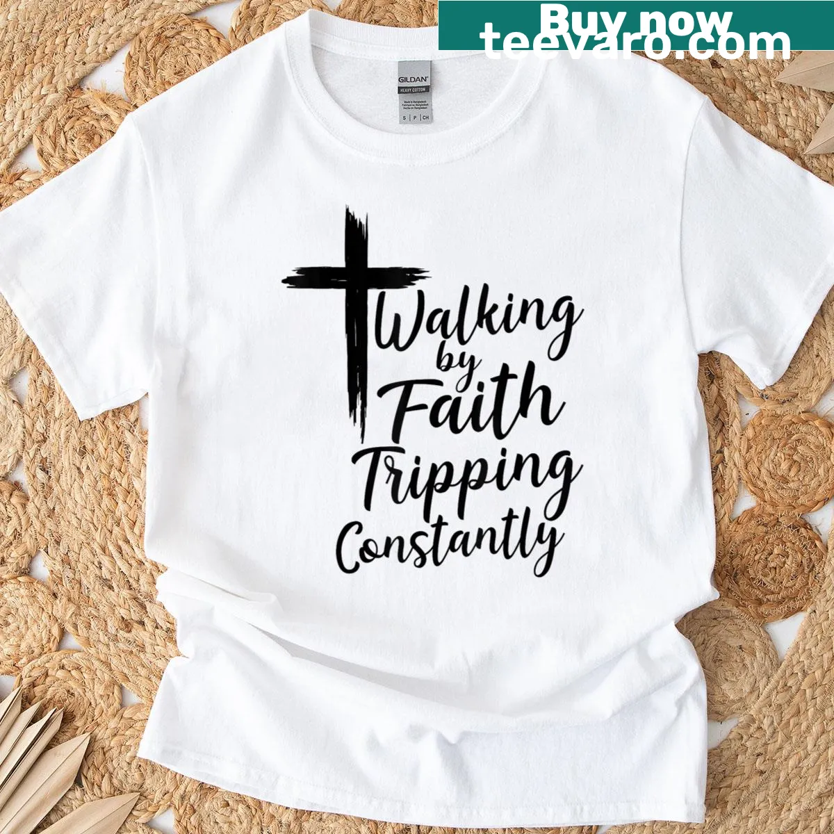 Inspirational faith T-shirt with text and cross design — on a men's t-shirt