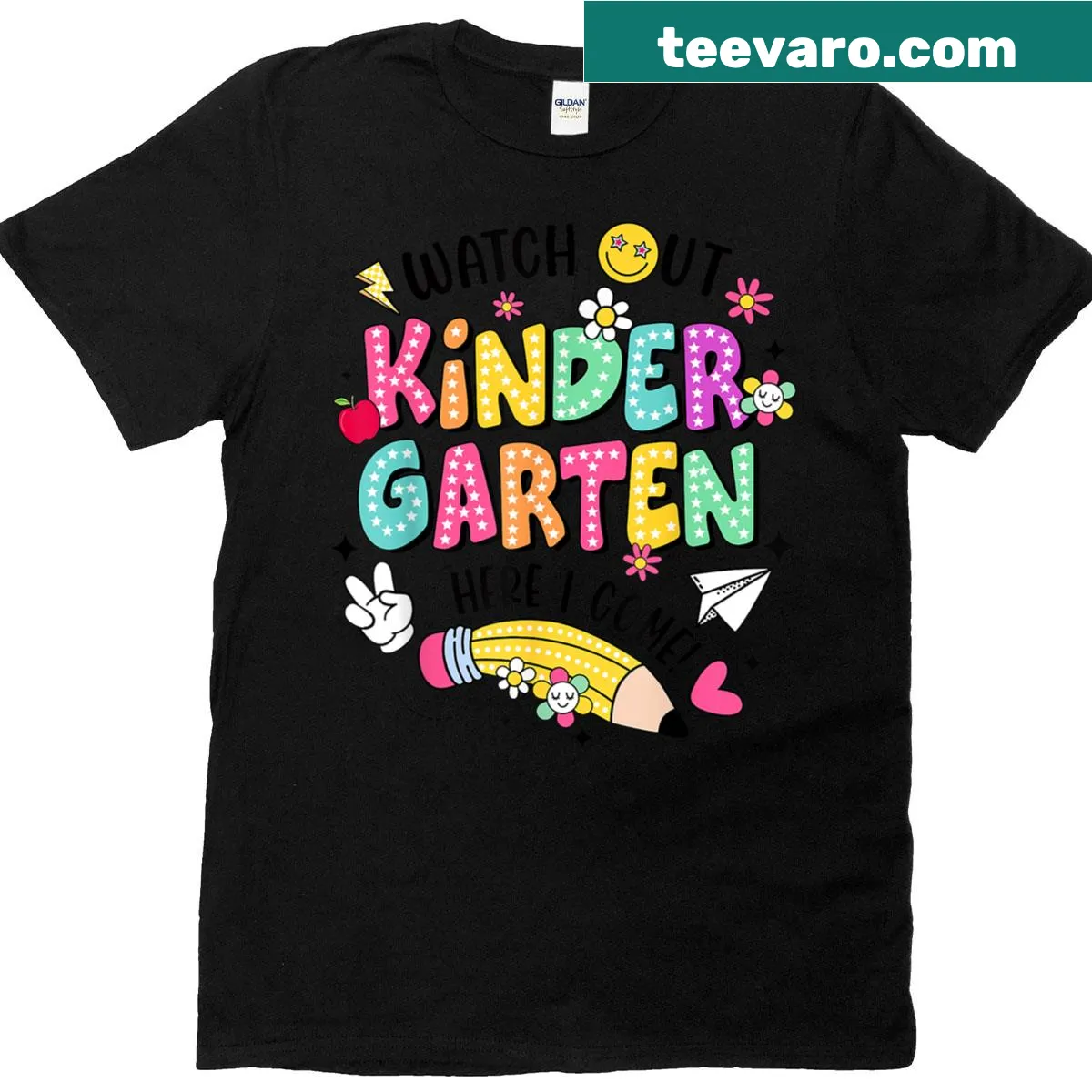 Kids T-shirt with playful graphics saying 'Watch Out Kindergarten Here I Come' — on a men's t-shirt