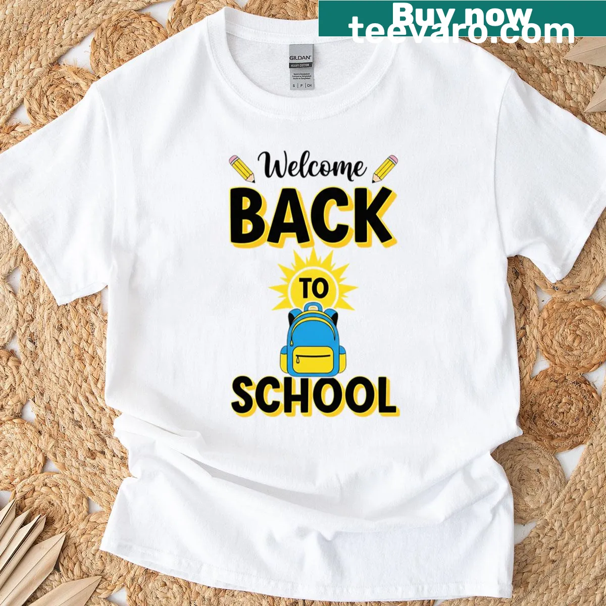 T-shirt with a bold backpack and sunburst design for back-to-school — on a men's t-shirt