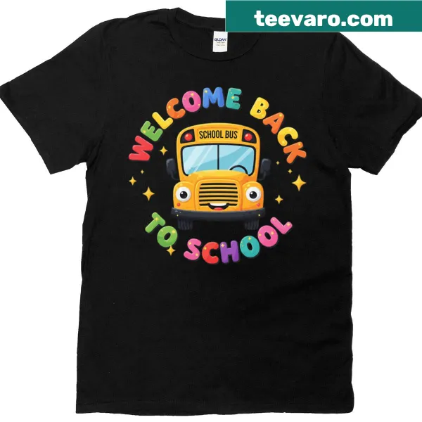 Cartoon smiling school bus on a kids back-to-school t-shirt.