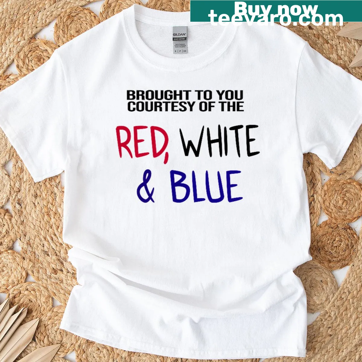 Two-sided cowgirl T-shirt with bold Independence Day text — on a men's t-shirt