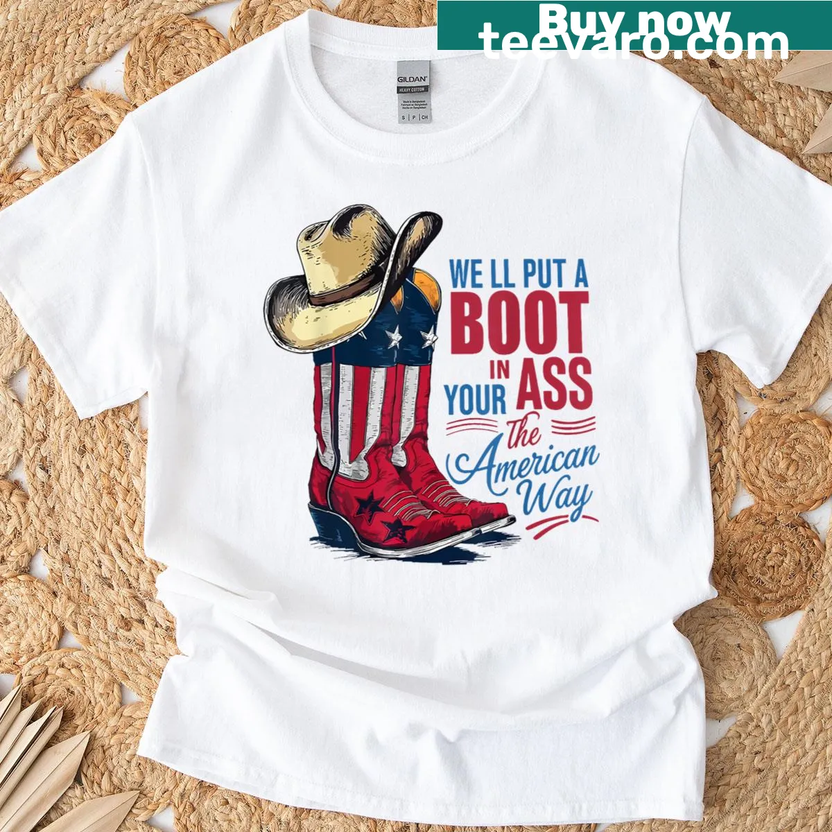 Western cowgirl T-shirt with bold July 4th text — on a men's t-shirt