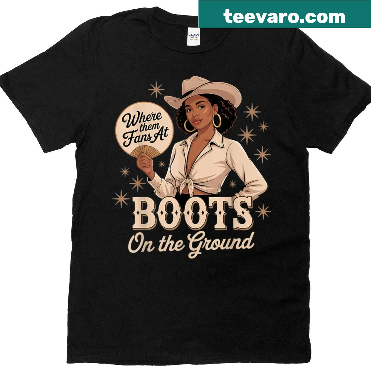 Shirt featuring illustrated black cowgirl boots with the phrase 'Where Them Fans At?' — on a men's t-shirt