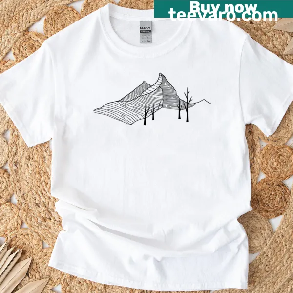 Nature-themed t-shirt featuring rolling hills and elegant script.