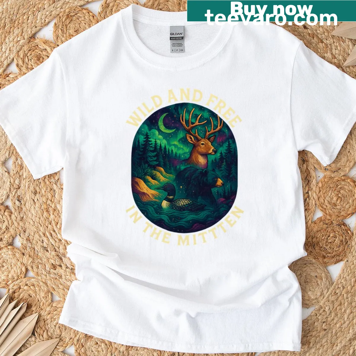 Illustration T-shirt celebrating nature with the phrase 'Wild And Free In The Mitten' — on a men's t-shirt