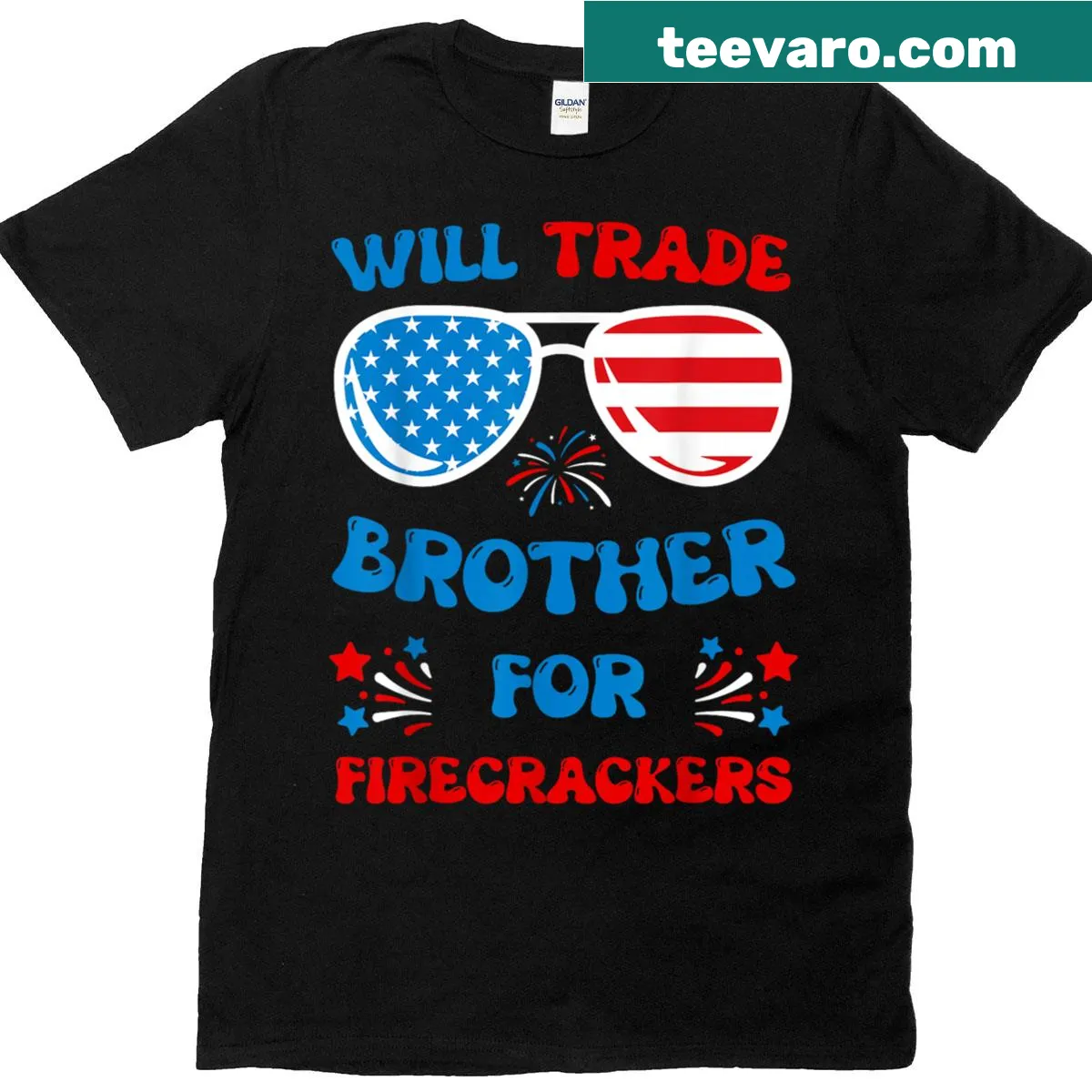 Funny kids T-shirt saying: 'Will Trade Brother For Firecrackers' — on a men's t-shirt